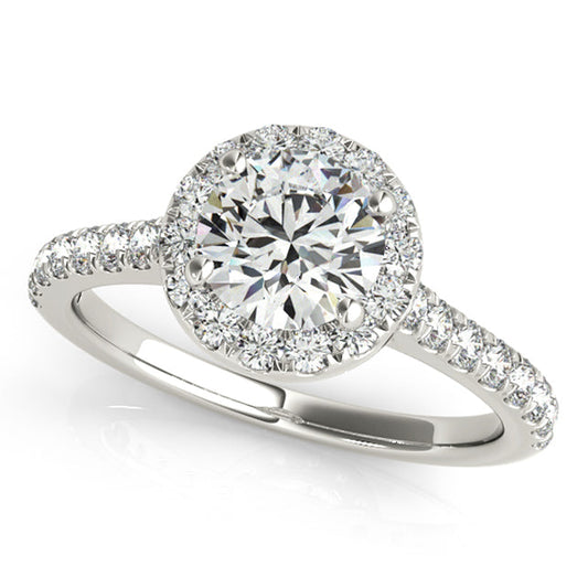 Classic Round Halo Diamond Engagement Ring & Side Stone Accents