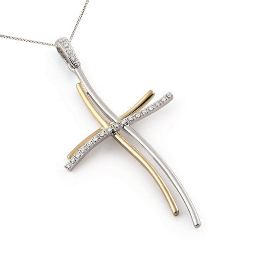 Elegant 18K Two-Tone Gold Diamond Cross Pendant Necklace