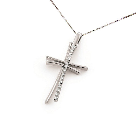 Split Design Diamond Double Cross Pendant Necklace in White Gold