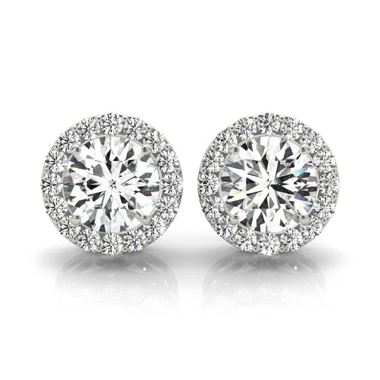 1.18CT lab diamond halo stud earrings in white gold with round center stones and fine setting – Encore DT