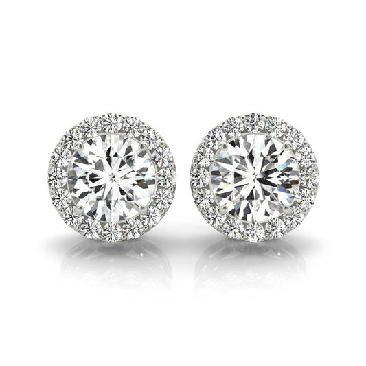 1.85CT lab diamond halo stud earrings in white gold with 0.87CT round centers – Encore DT