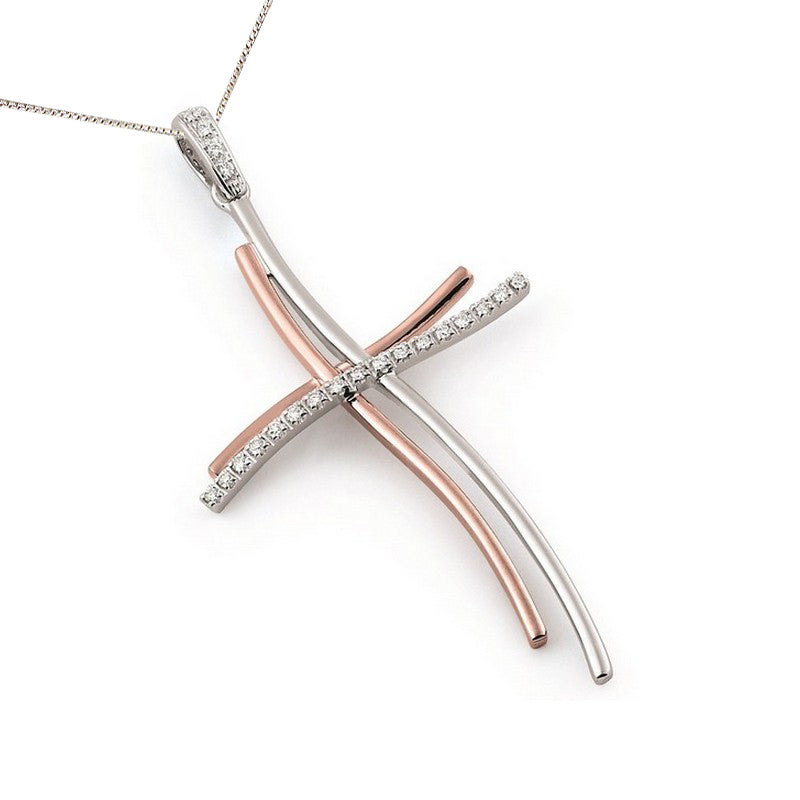 18K two-tone gold double-cross necklace with natural SI1 diamonds, featuring a split-band design in white and rose gold