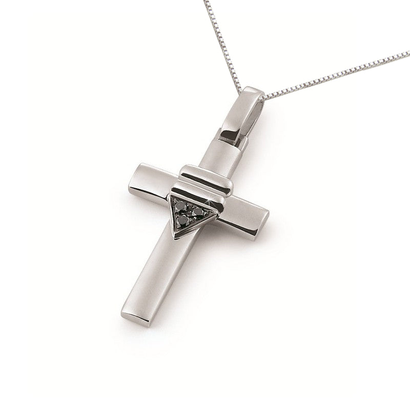 18K white gold diamond cross pendant with black diamonds in a geometric design, featuring SI1 stones, suspended from a 16-inch chain