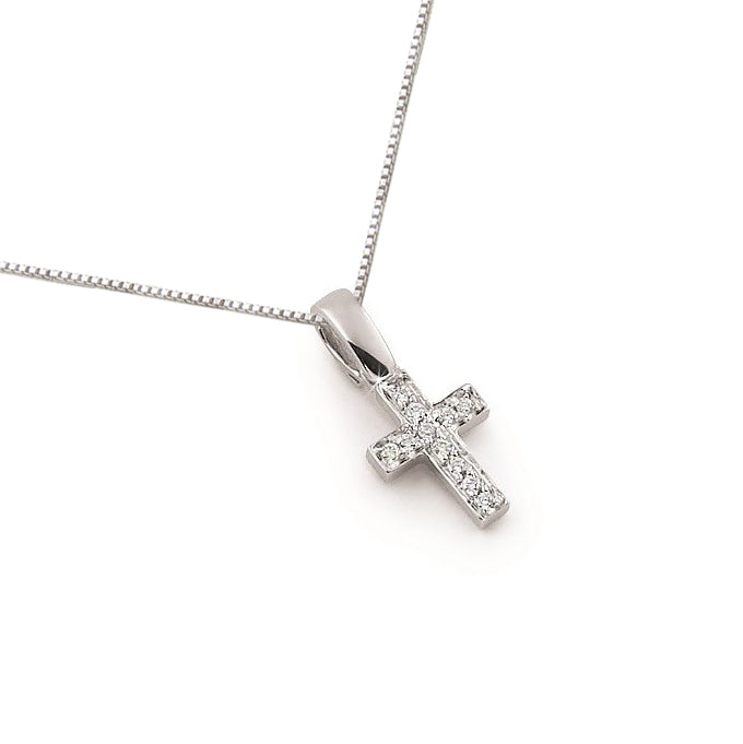 18K white gold cross pendant necklace with SI1 diamonds in a pavé setting, featuring a timeless design suspended from a 16-inch chain