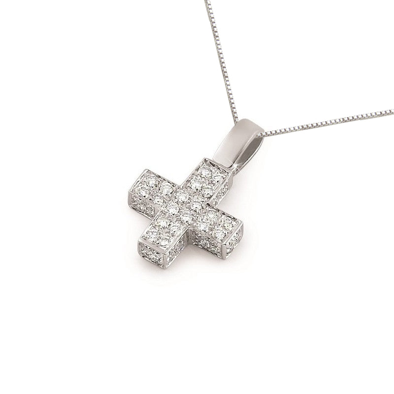 Italian 18K white gold diamond cross pendant with 3/4CT pavé-set diamonds, featuring a bold structured square design