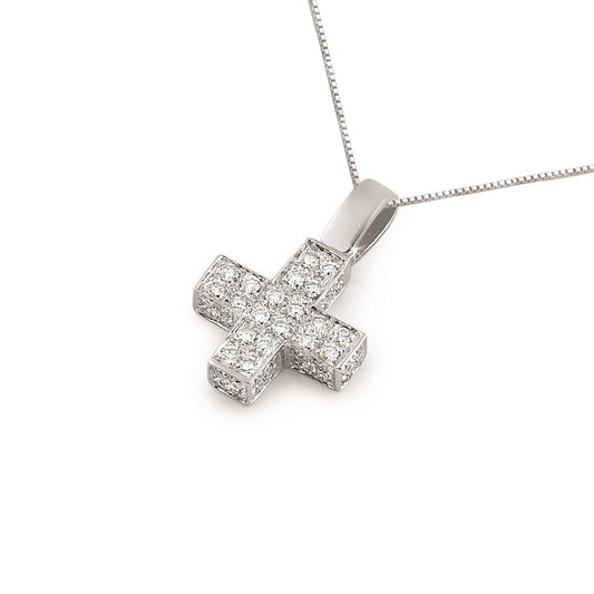 Italian 18K white gold diamond cross pendant with 3/4CT pavé-set diamonds, featuring a bold structured square design