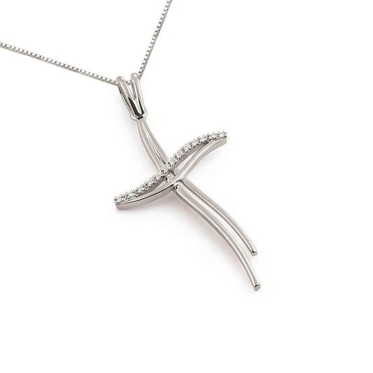18K white gold double cross pendant with SI1 diamonds, featuring a contemporary split-band design on a 16-inch chain