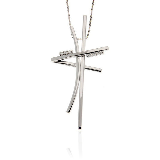 Italian 18K white gold modern cross necklace with SI1 diamonds, featuring a layered geometric design with intersecting bars