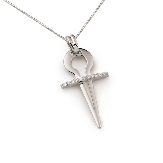 18K white gold modern cross pendant with SI1 diamonds in a geometric design, featuring a circular cutout and sleek lines, suspended from a 16-inch chain