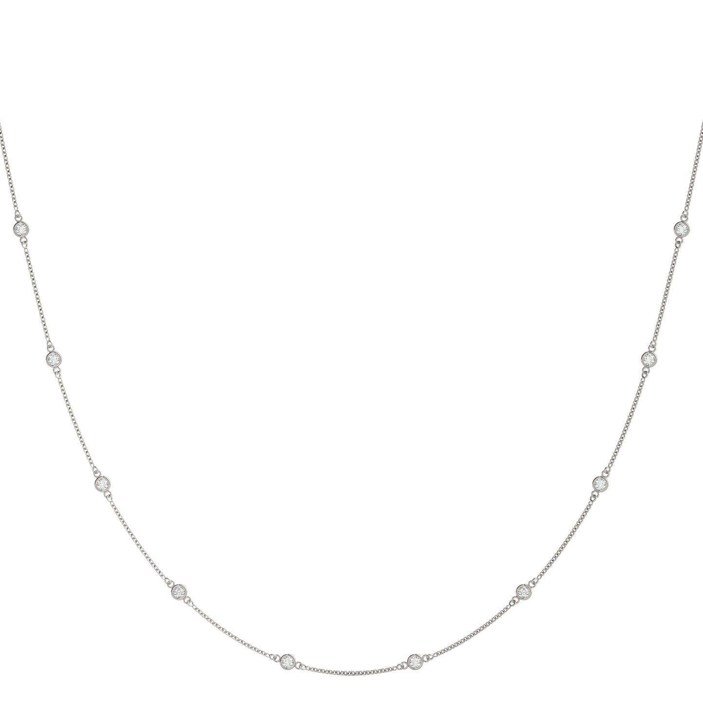 1.00CT diamond station necklace in white gold with round bezel-set diamonds evenly spaced along a delicate chain for a floating effect.