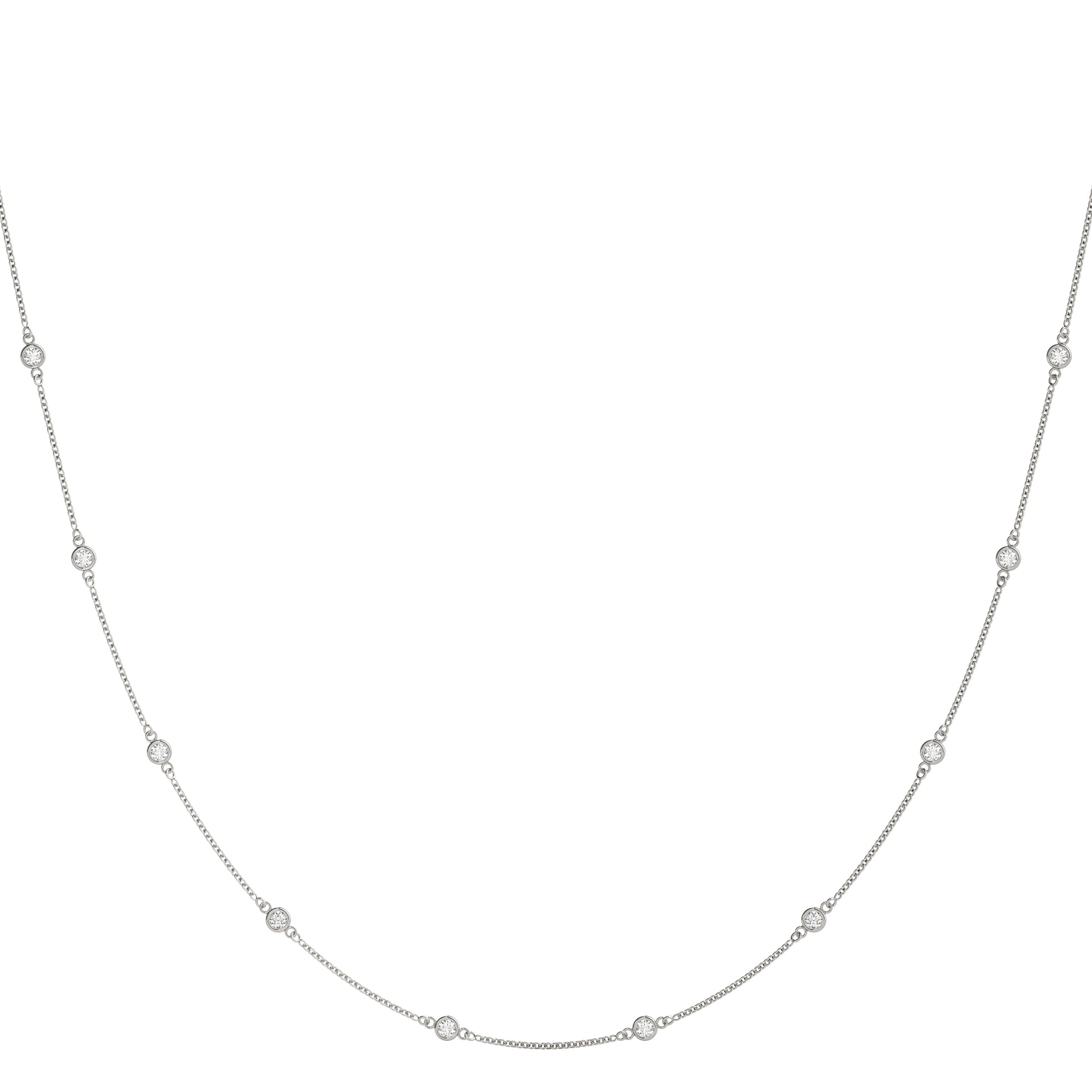 1.00CT diamond station necklace in white gold with round bezel-set diamonds evenly spaced along a delicate chain for a floating effect.