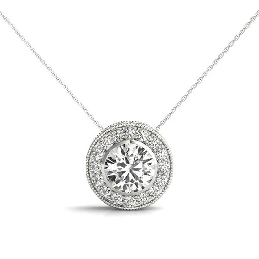 1.16CT round halo diamond pendant necklace in white gold with a round-cut center stone