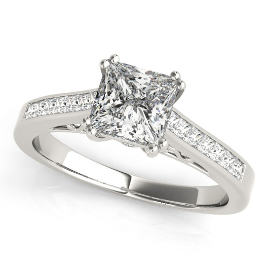 Princess-cut engagement ring with 1CT Lab Diamond, scrollwork, hidden stone, and channel-set sides in 14K White Gold (VS1/F Color)