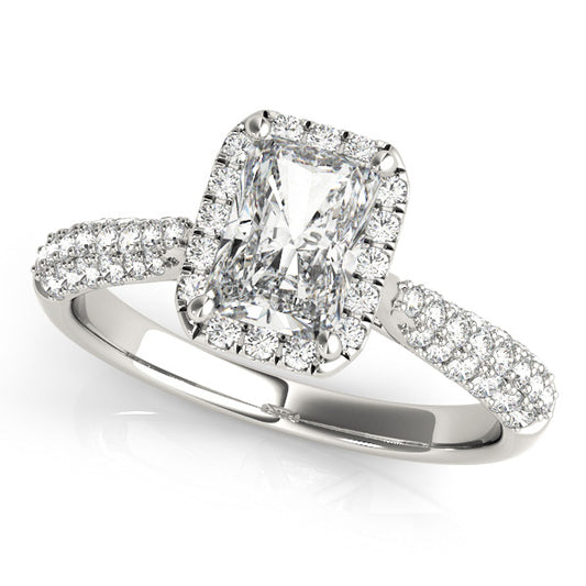 Emerald-cut engagement ring featuring 1CT Emerald Cut Lab Diamond, pavé halo and filigree gallery crafted in 14K White Gold