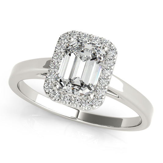 Emerald-cut engagement ring featuring 1CT Emerald Cut Lab Diamond, vintage halo and filigree crafted in 14K White Gold