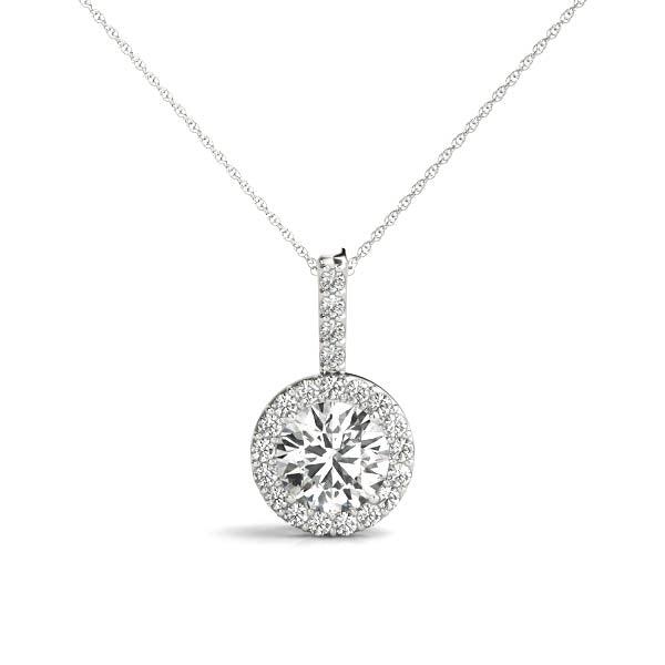 1CT lab diamond halo pendant with 0.85CT round center in white gold, featuring a diamond-accented bail and a 16-inch chain