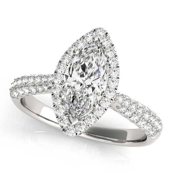 Marquise-cut engagement ring with 1CT Marquise Cut Lab Diamond, split-shank pavé band and halo crafted in 14K White Gold