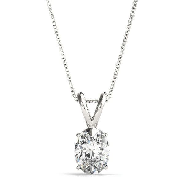 1CT oval solitaire pendant necklace in white gold with a VS1 E color lab diamond, four-prong setting, and 16-inch chain