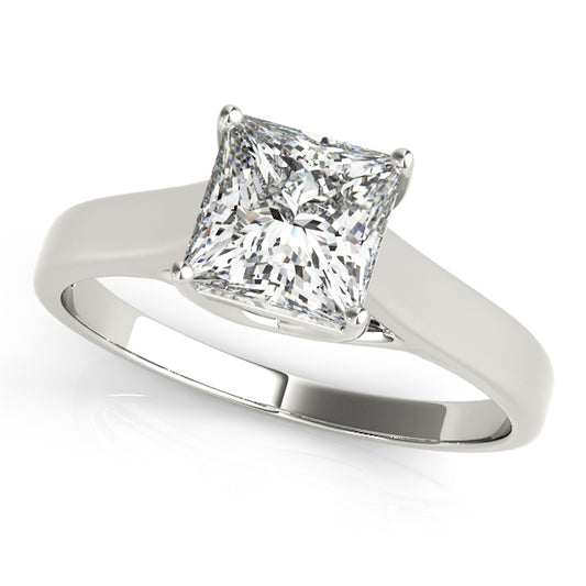 Solitaire engagement ring with 1CT Princess Cut Lab Diamond, trellis setting and subtle halo side accents crafted in 14K White Gold