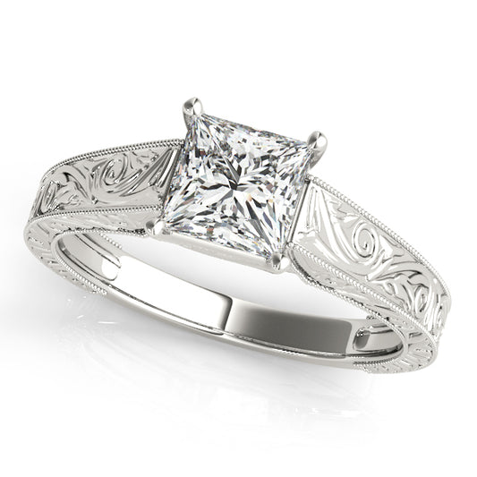 Halo engagement ring with 1CT Princess Cut Lab Diamond, vintage-style scroll band and milgrain edges crafted in 14K White Gold