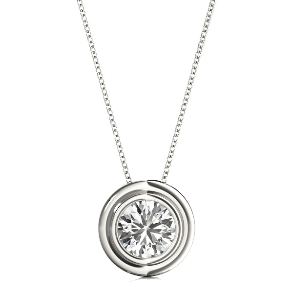 1CT solitaire diamond pendant in white gold, bezel-set round lab-grown diamond with VS1 clarity and E color. Elegant modern design