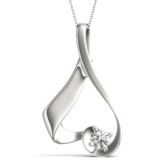 1CT solitaire diamond pendant in white gold with flowing abstract design and round lab diamond