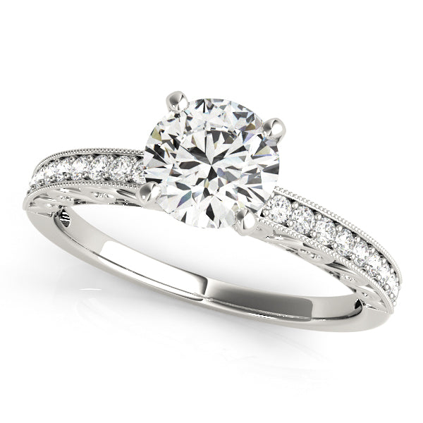 Halo engagement ring with 1CT Round Lab Diamond, 18 side diamonds, channel-set band and scroll gallery crafted in 14K White Gold