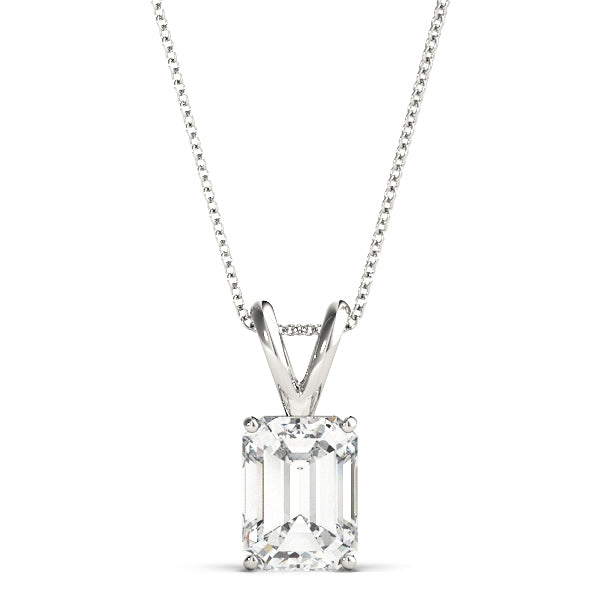 2.5CT emerald cut solitaire diamond pendant in white gold with prong setting, featuring a lab diamond VS1 clarity, E color, excellent cut