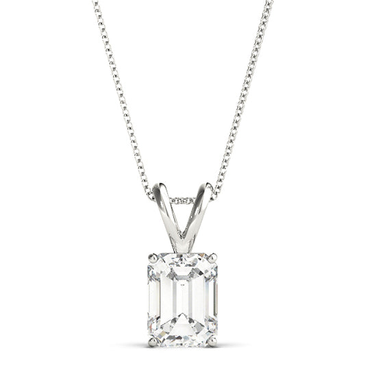 2.5CT emerald cut solitaire diamond pendant in white gold with prong setting, featuring a lab diamond VS1 clarity, E color, excellent cut