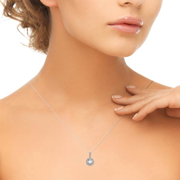 1CT Round Halo Pendant with 0.8CT Lab Diamond 14K White Gold