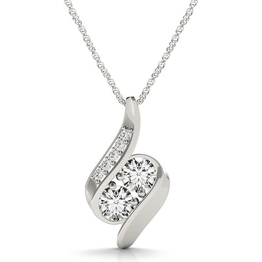 S-curve two-stone diamond bypass pendant in white gold with pavé-set accents, featuring VS1, E color lab diamonds. Available at Encore DT.