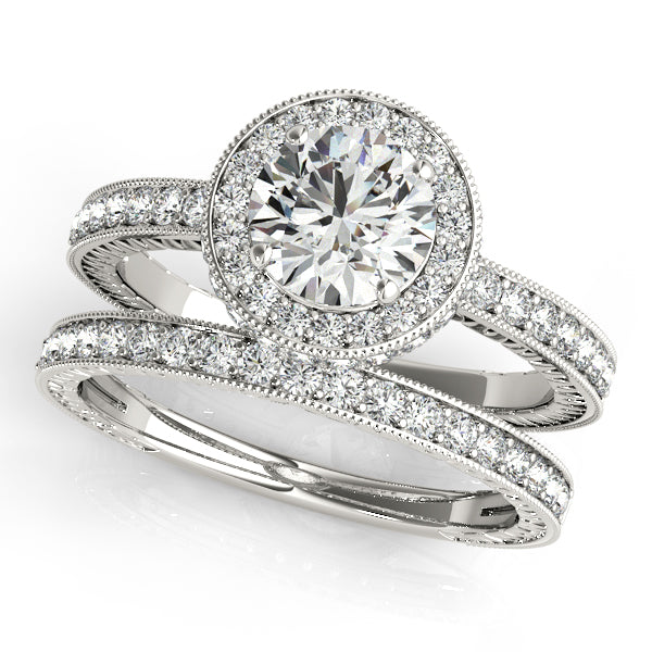 Double Halo Round Diamond Engagement Ring with Vintage Milgrain