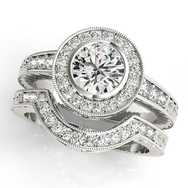 Diamond Engagement Ring 14K White Gold with Vintage Bezel Halo