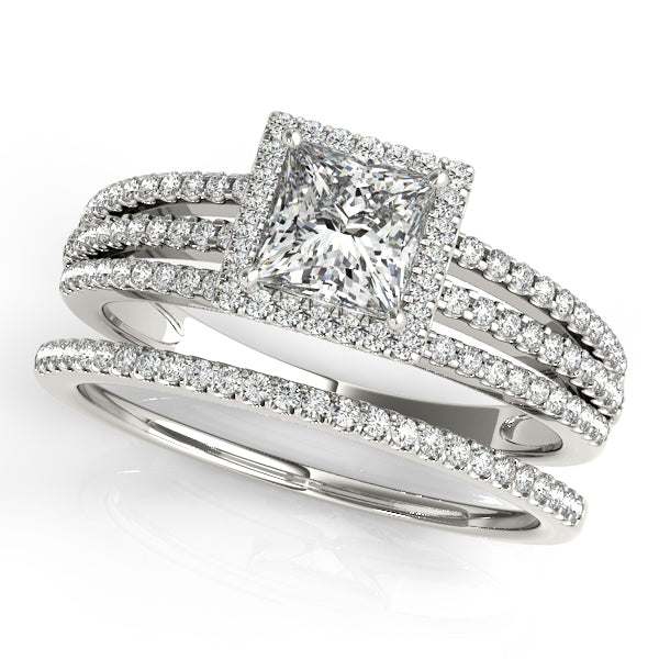14K White Gold Diamond Engagement Ring with Square Halo Split Shank