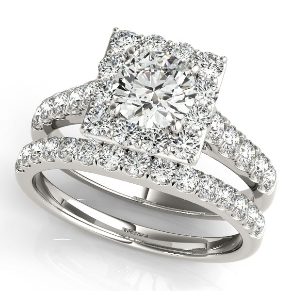 1CT Round Diamond Square Halo Engagement Ring 14K White Gold