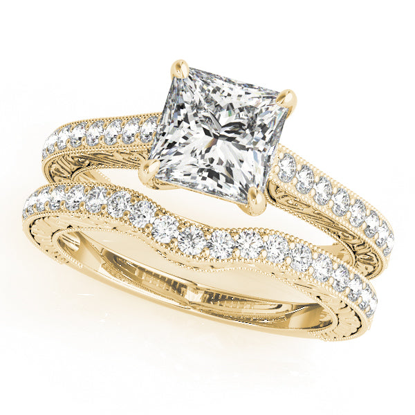 1CT Vintage Princess Cut Engagement Ring with Trellis Side Stones 14K Yellow Gold