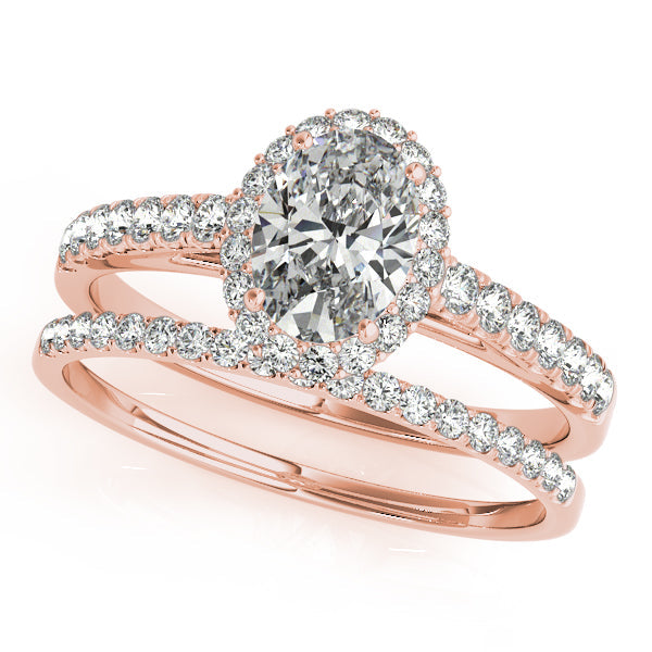 14K Rose Gold Oval Cut Diamond Engagement Ring Halo Side Stones