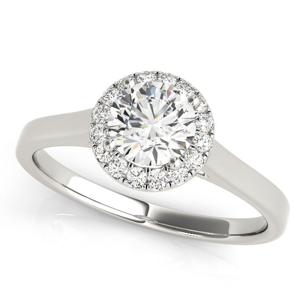 Round-cut engagement ring with 1CT Round Lab Diamond, diamond halo, tapered band and modern gallery in 14K White Gold