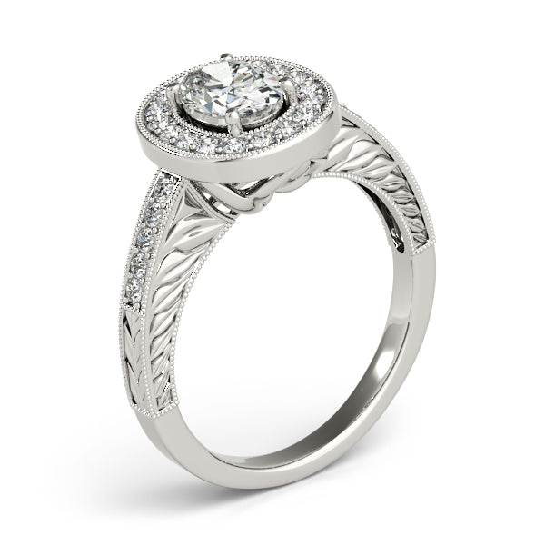 14K White Gold Vintage Filigree Oval Cut Halo Engagement Ring