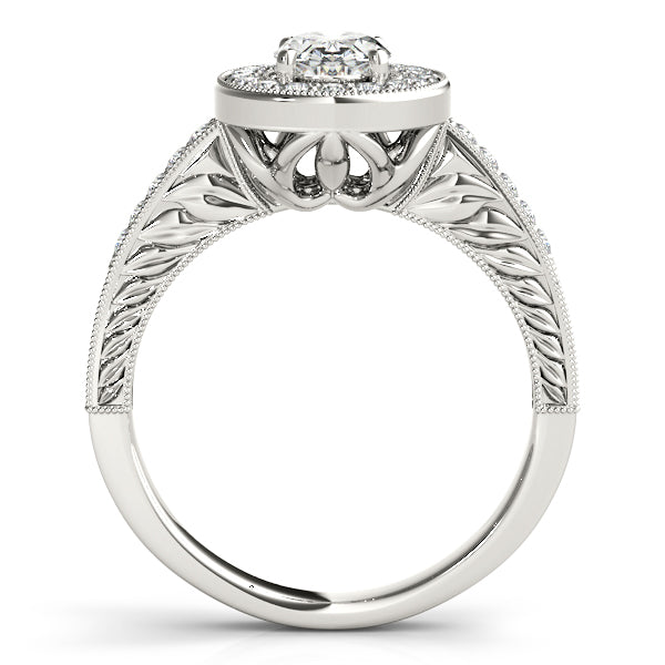 14K White Gold Vintage Filigree Oval Cut Halo Engagement Ring