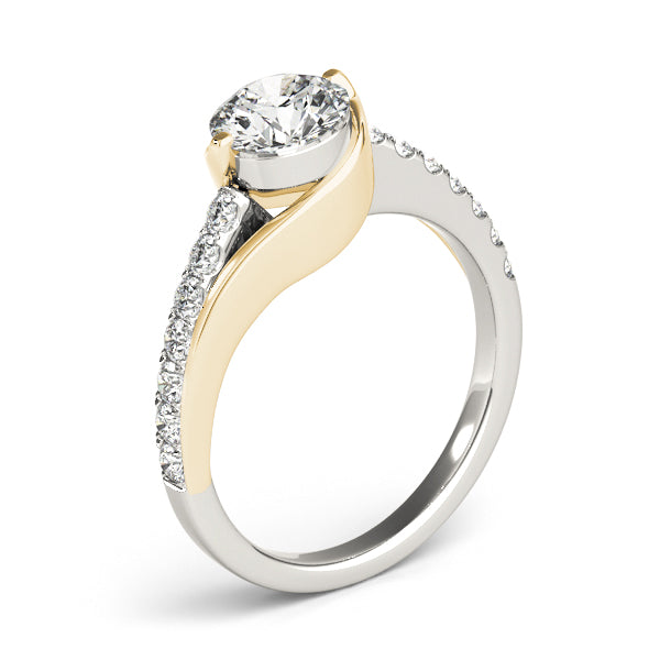 Two-tone engagement ring with wrap-around bezel setting, white and yellow gold band, 14 side diamonds, and a modern split-shank design.