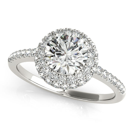 Two-tone double halo engagement ring with 1CT Round Lab Diamond crafted in 14K White and Rose Gold with layered pavé sparkle