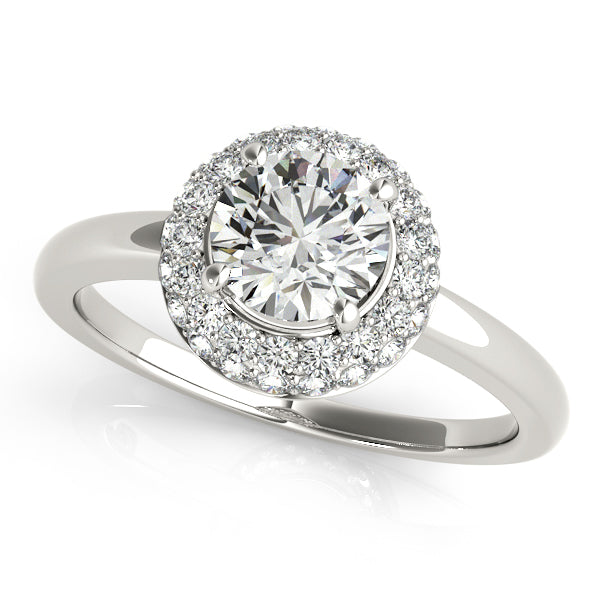 Double halo engagement ring featuring 1CT Round Lab Diamond, 37 pavé side diamonds, tapered band crafted in 14K White Gold