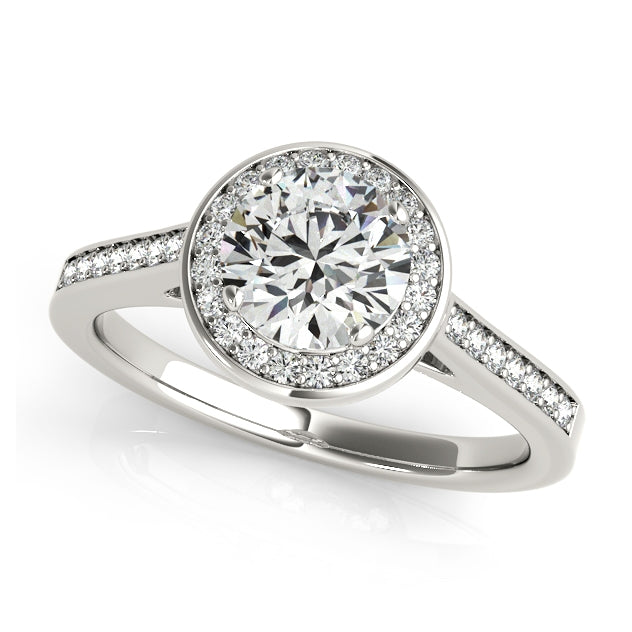 Halo engagement ring with 1CT Round Lab Diamond (VS1/F Color) and 42 pavé diamonds, cathedral arches, hidden accents in 14K White Gold