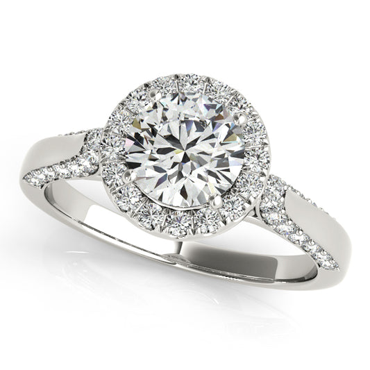 Split-shank halo engagement ring with 1CT Round Lab Diamond and 48 side diamonds, scrollwork accents crafted in 14K White Gold