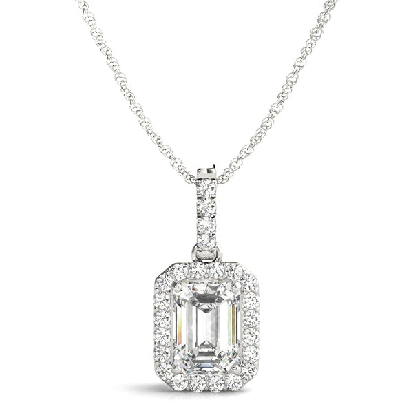 1.2CT emerald-cut lab diamond halo pendant in white gold with prong-set diamonds for vintage elegance