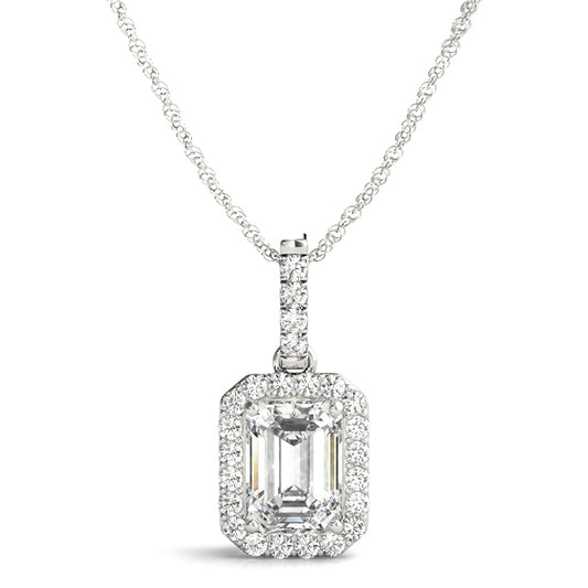 1.2CT emerald-cut lab diamond halo pendant in white gold with prong-set diamonds for vintage elegance