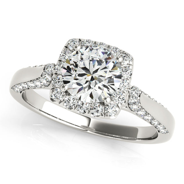 Square halo engagement ring with 1CT Round Lab Diamond, split-shank pavé band, and scrollwork accents crafted in 14K White Gold