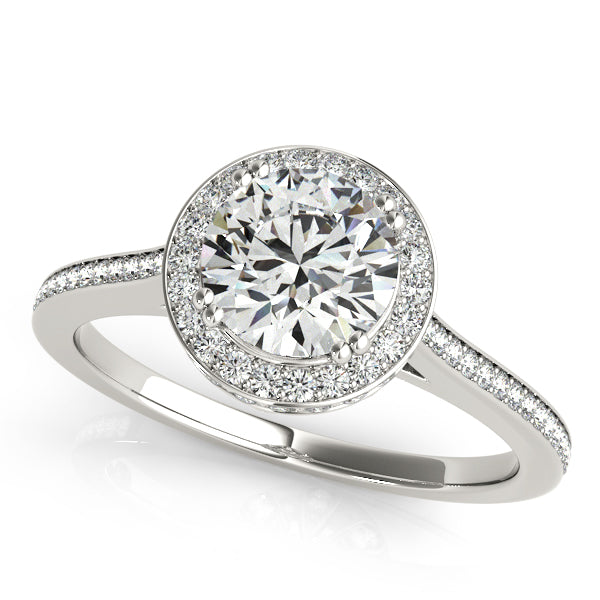 Floral-inspired halo engagement ring featuring 1CT Round Lab Diamond, 109 pavé side stones, and marquise accents in 14K White Gold