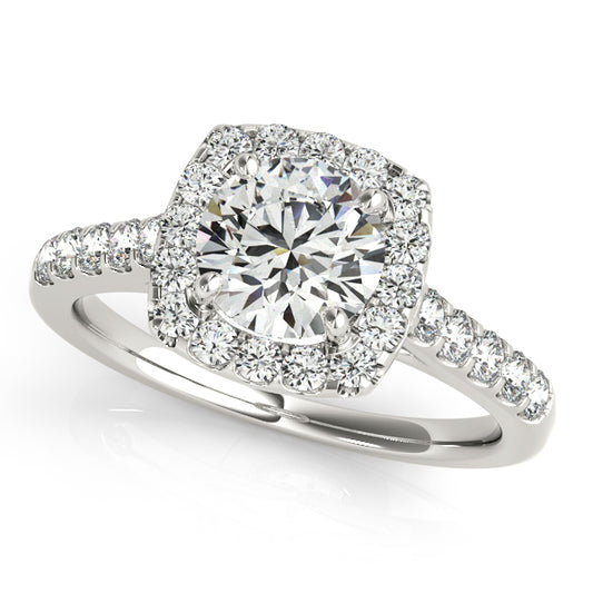 Square halo engagement ring featuring a 1CT Round Lab Diamond with 26 side diamonds and vintage scroll details in 14K White Gold